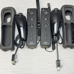 2 OEM Nintendo Wii Motion Plus Black Remote Controllers w/ OEM Nunchucks & Cover