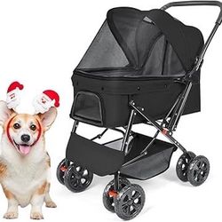 Medium Pets Stroller with Reversible Handlebar, Wide Mesh Canopy, 2 Security Leashes, Cup Holder