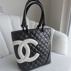 Chanel Medium Ligne Cambon Tote Black Leather with White CC Logo – Authentic