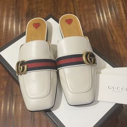 GUCCI Peyton White Leather GG Logo Mules Size 38