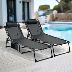 2-Pieces Black Outdoor Lounge Chair Folding Chaise Lounge Pool Chair Patio Sun T