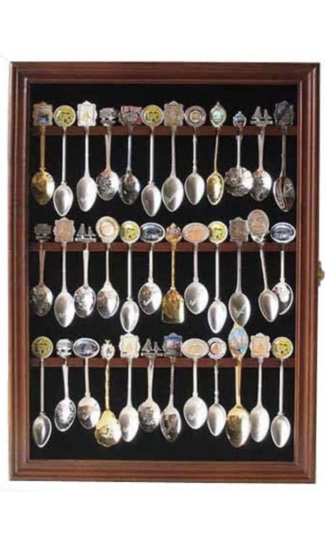 Set Of 2 Souvenir Tea Spoon Solid Wood Display Case Cabinet With Glass Door Walnut Finish