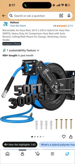Relhost Retractable Air Hose Reel 50 ft