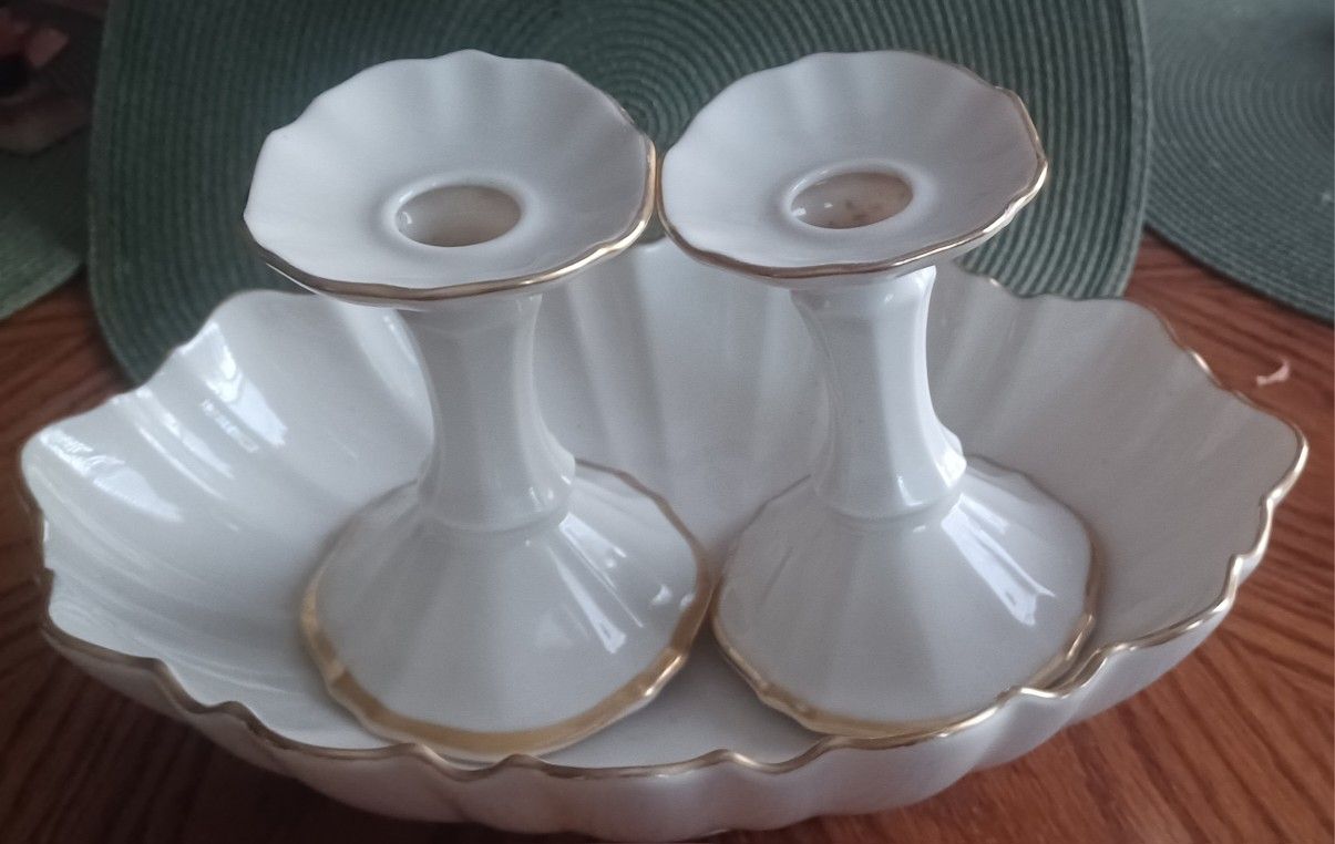 Lenox Oval Bowl with 2 Candle Stick Holders 24k Gold Trim 11”x 7.25”