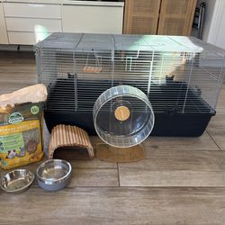 Small Animal Cage + Accessories (Wheel, Bowls, Water Bottle)