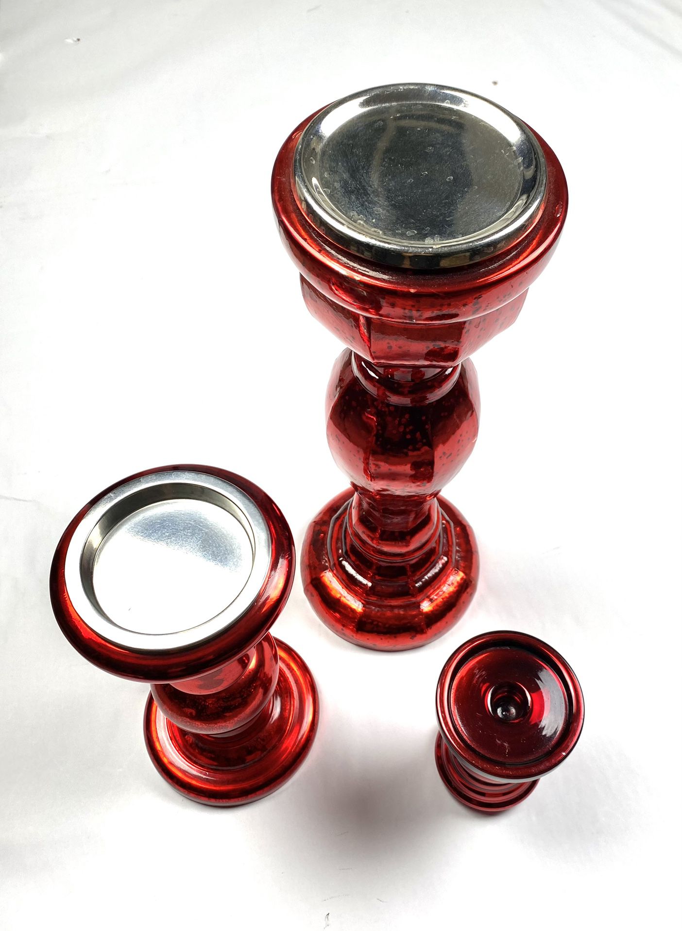 Red Mercury Glass Pillar Candle Holders, Set of 3