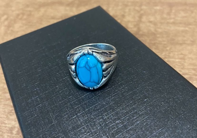 Retro pattern oval turquoise stone silver women’s ring Sz 8