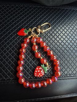 Red Strawberry Beaded Wrist Key Holder with Gold Keychain