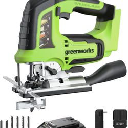 Greenworks 24V Brushless Jig Saw，1*2AH Battery+2A adaptor, 6PCS Blades (4 x Saw blade for woodworking. 2 x Saw blade for metal)
