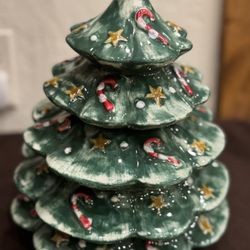 Ceramic Christmas tree figurine with candy cane and star decorations