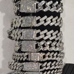 925 Sterling Silver Miami Cuban Bracelets With Genuine Moissanite Rhodium Finish