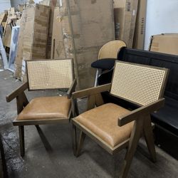 Caitlin Cane/Leather MCM Dining Chair - Natural, Set of 2