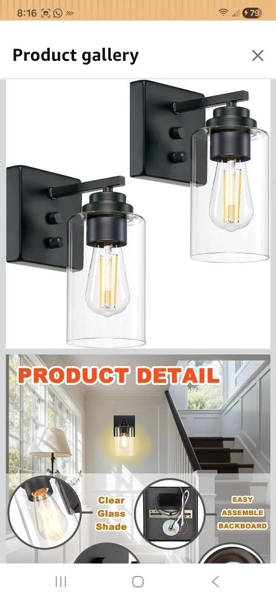 Wall Sconces Set of Two, Wall Mounted Bedside Lamps with Rotary Switch, Matte Black Sconces Wall Lighting, Bathroom Light Fixtures with Clear Glass Sh