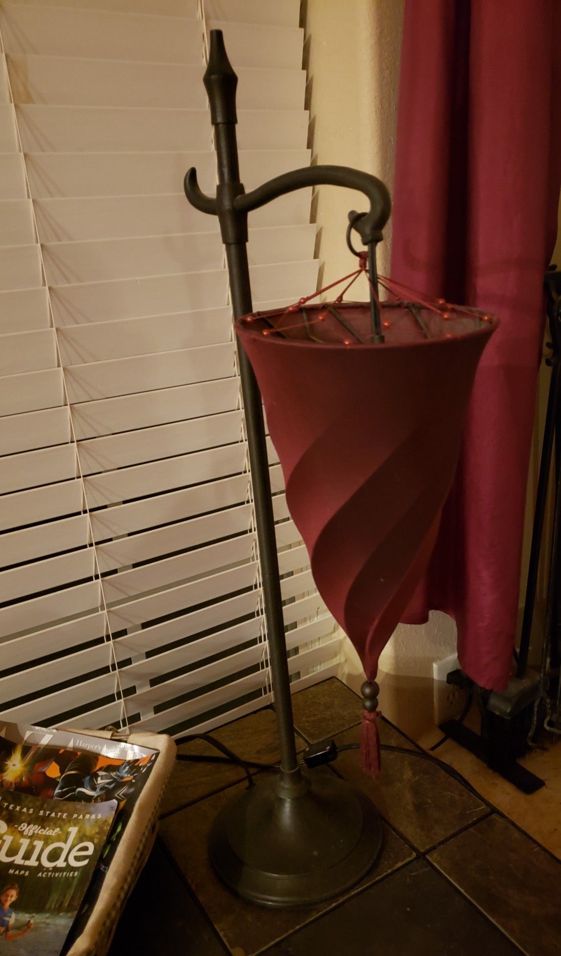 Pottery Barn Morrocan Style Spiral Hanging Cone Medina Table Lamp Burgundy Silk Shade Slide Dimmer Switch