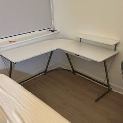 SHW 51 x 51 Inches Vista L-Shaped Desk with Monitor Stand and Drawer, White