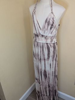 Felicity & Coco Tie Dye Halter Maxi Dress Taupe Brown Cream V-Neck Size XS