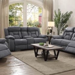 Brand New 2 Piece Stone Reclining Sofa and Love Seat Set