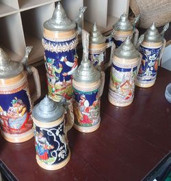 German Beer Steins with Pewter Lids – Set of 7