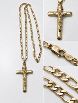 10K Gold Figaro Chain & Crucifix Cross Pendant Necklace 16.5g