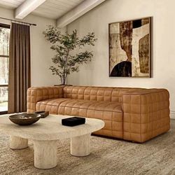 Free Delivery! NEW IN-BOX! Moe’s Home Collection Callan Sofa, Tan Camel 100% Genuine Leather (Retail $6,399+tax)