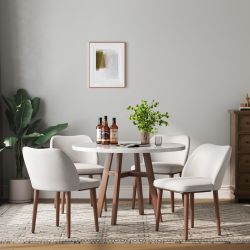 Set Of 4-Beige Fabric Dining Chairs With Wood Legs 