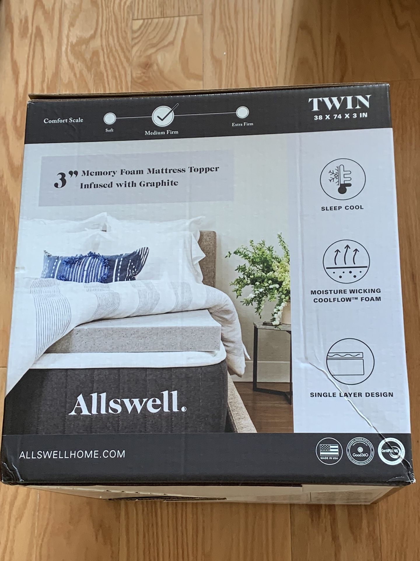 New - Allswell 3" Memory Foam Mattress Topper Infused with Graphite, Twin