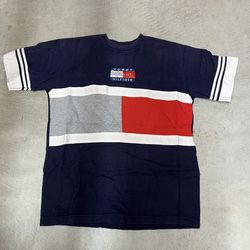 Vintage 90s Tommy Hilfiger Colorblock Flag T-Shirt Made in USA Navy Blue Large