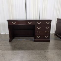 Dark Wood Single Pedestal Desk with Brass Pulls