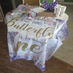 Selling  A Box Full Of One Year Old Butterfly Bday Stuff