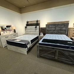 AP🎊$49 Down Payment For Financing👉 Farmhouse Style Queen King Gray Whitewash Bedroom Set 