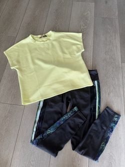 Athleta and Danskin Athletic Outfit - Grey Leggings w Multicolor Side Stripe & Lime Green Shirt (Small/Medium)
