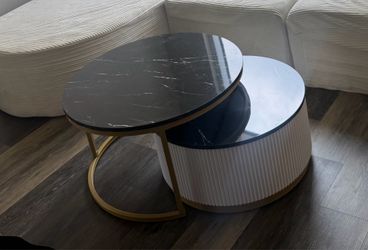 27.6" Modern Round Nesting Coffee Table Fluted with Drawer for Living Room in Black & Gold