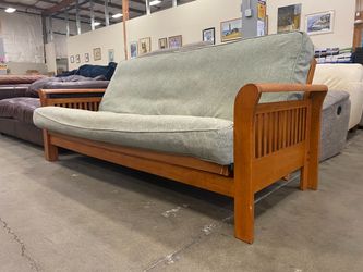 Cherry Finished Wooden Futon Base with Green Floral Cushion