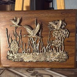 Vintage wooden wall art with 3D relief of geese in flight. 16x12