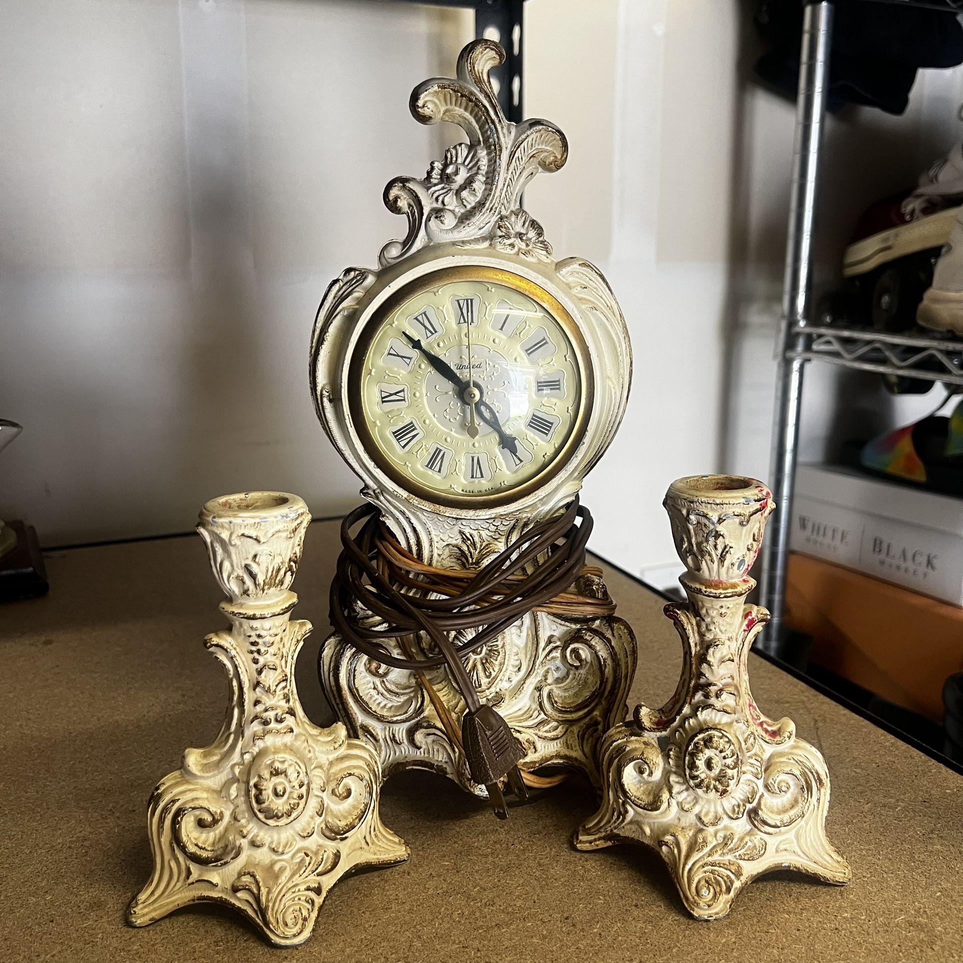 Victorian Style Cast Iron Made In USA United Clock & Candle Holders