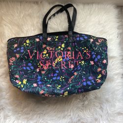 Victoria’s Secret Weekender Tote Bag Black Floral Full Zip Logo Handles