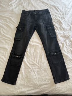 Forever 21 Men’s Slim Black Cargo Jeans Size 33 Multi Pocket Y2K Utility