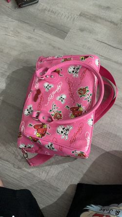 Pink ed Hardy decorated lunchbox (bedazzled) inside is insulated material with the Ed Hardy tiger design with net pocket