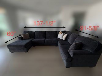 Large Dark Gray/Blue Fabric Sectional Sofa with Chaise