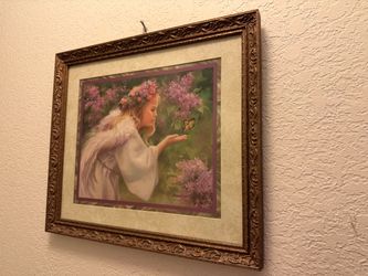 Angel Girl Butterfly Religious Art Print framed gilded wood