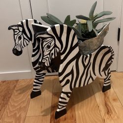 Used Small Handmade Hand painted Zebra Wood Chair With Succulent Plants Animal Print