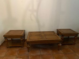 Vintage Indonesian Hand-Carved Wood Coffee Table With Floral Cross Motif plus Teo matching side tables