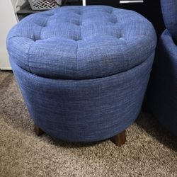 Dark Blue Fabric Round Storage Ottoman