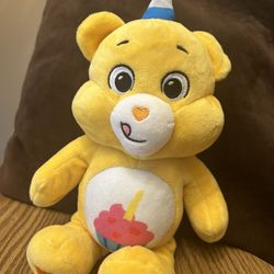 Plush care bear - yellow happy birthday carebears plushie - party hat / cupcake