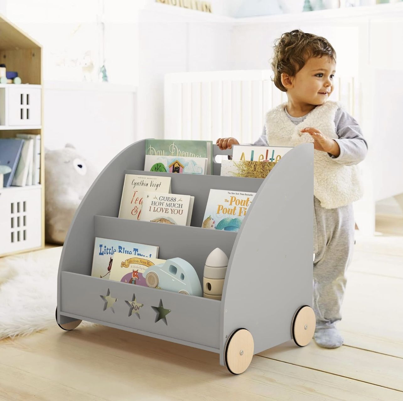 Kids Bookshelf and Storage, Nursery Wooden Book Shelf for Kids with Wheels, 3-Tier Baby Bookshelf Display Organizer Gift, Children Bookcase in Playro