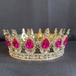 ROYAL QUEEN PRINCESS GOLD FICHSIA CROWN TIARA