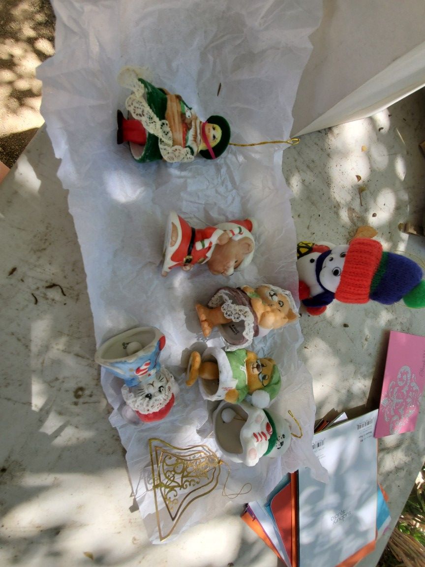 Christmas ornaments and village people and trees