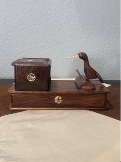Mid-20th Century Hand Carved Mechanical Wood Bird Cigarette Dispenser With Inlay