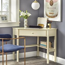 Corner White Or Black Desk With Large Drawer And A Matching Shelf 