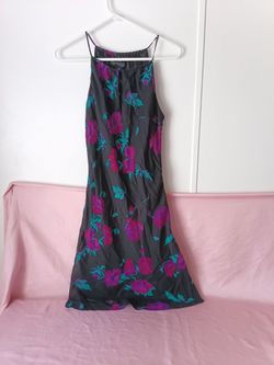 Express VTG 90s Y2K Black & Fuchsia Floral High-Neck Keyhole Midi Dress 5/6